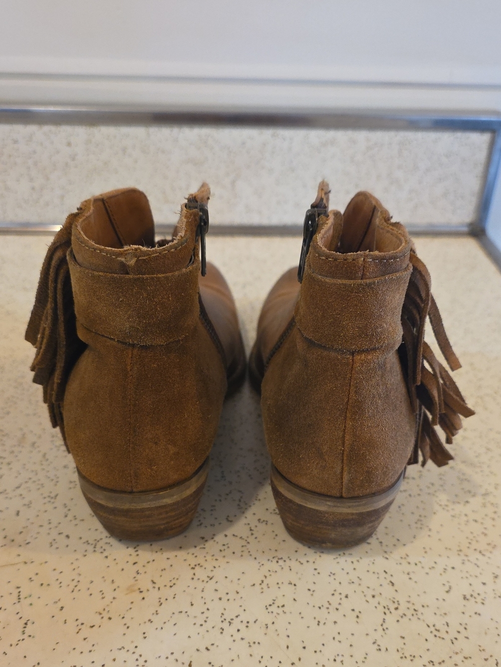 Diba True Women's Leather Fringe Ankle Booties Side Zip 1.75" Block Heel Tan 7.5 - Picture 7 of 11